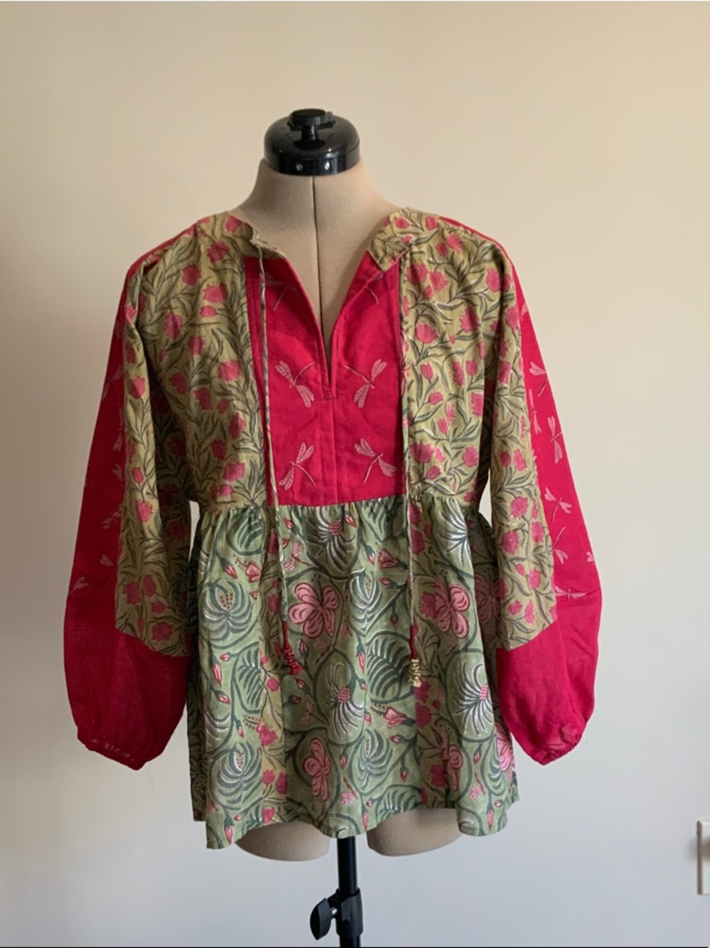 Boho Floral Patchwork Tunic Top in Olive Green & Raspberry